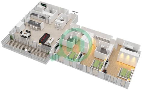 المخططات الطابقية لتصميم النموذج / الوحدة 1-1B/103 شقة 3 غرف نوم - بلوواترز ريزيدينسز