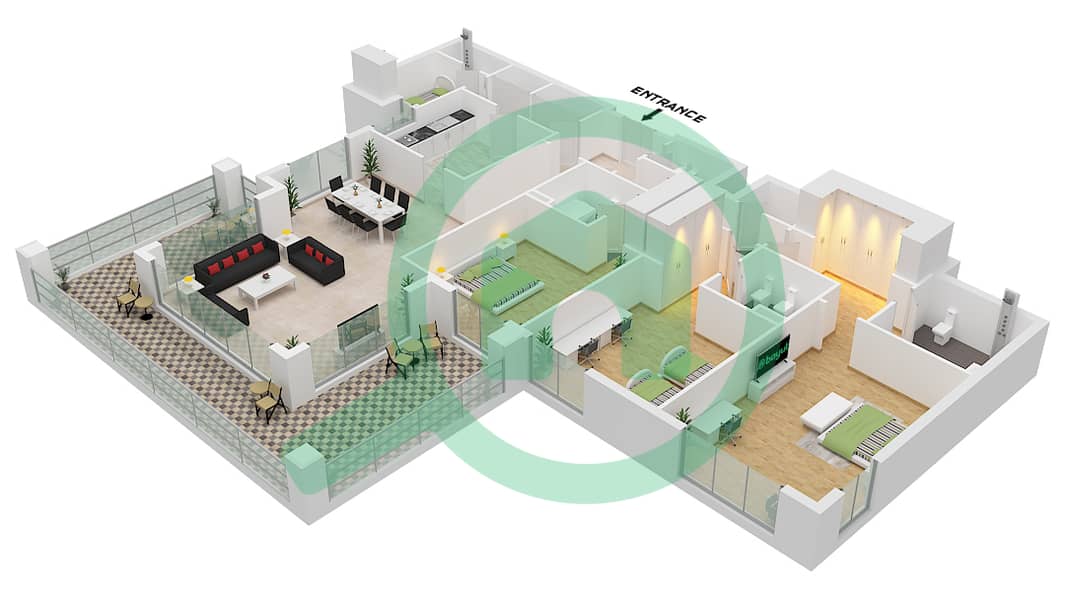 المخططات الطابقية لتصميم النموذج / الوحدة G / UNIT 4 FLOOR 1 شقة 3 غرف نوم - برج G Type G Unit 4 Floor 1 interactive3D