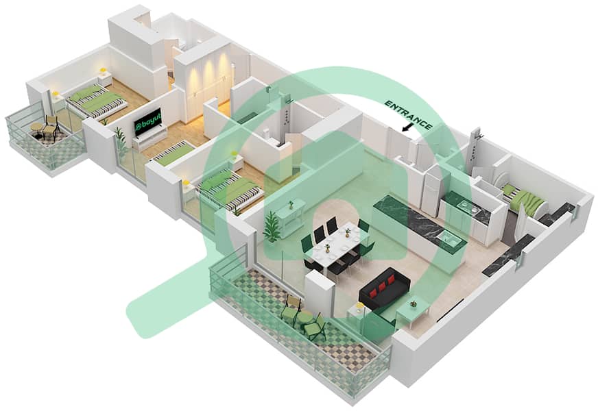 المخططات الطابقية لتصميم النموذج / الوحدة B / UNIT 5 FLOOR 1,3-4 شقة 3 غرف نوم - جومانا 2 Type B Unit 5 Floor 1,3-4 interactive3D