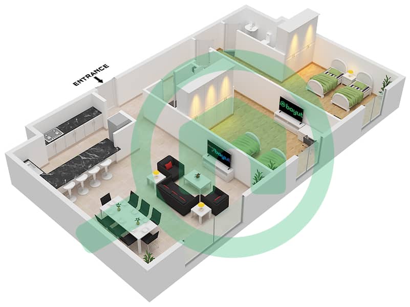 Al Khail Gate Phase 2 - 2 Bedroom Apartment Type/unit 1 / UNIT 103 Floor plan Type 1 Unit 103 interactive3D