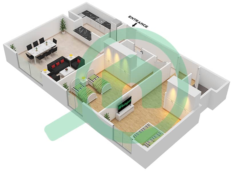Al Khail Gate Phase 2 - 2 Bedroom Apartment Type/unit 2 / UNIT 103 Floor plan Type 2 Unit 103 interactive3D