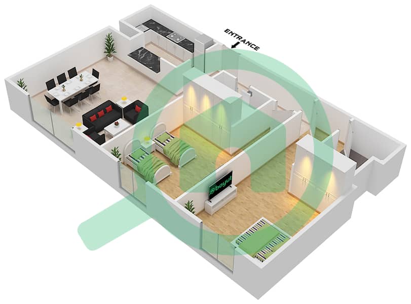 Al Khail Gate Phase 2 - 2 Bedroom Apartment Type/unit 3 / UNIT 102 Floor plan Type 3 Unit 102 interactive3D
