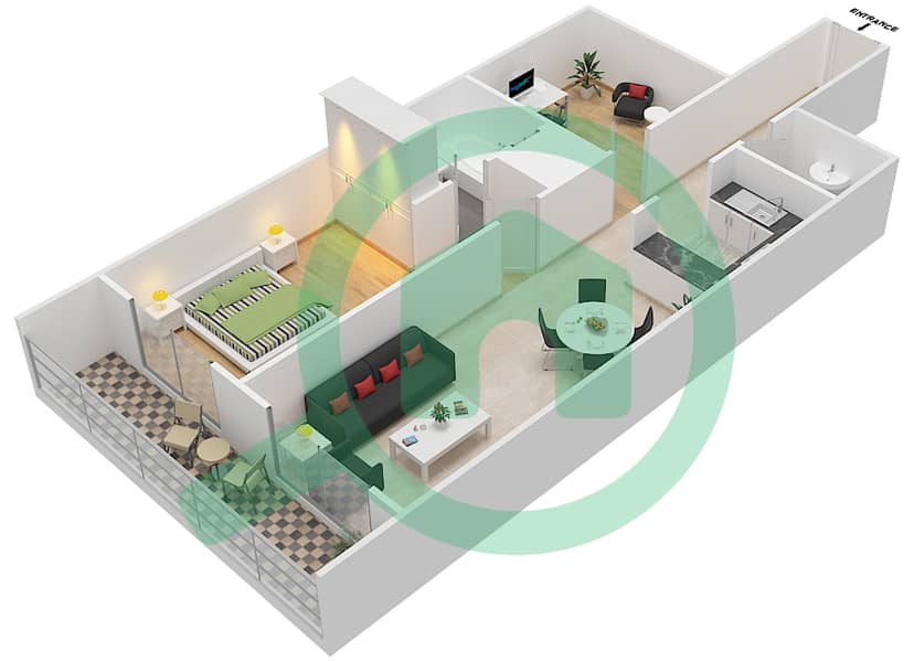 المخططات الطابقية لتصميم النموذج / الوحدة E / UNIT 11 شقة 1 غرفة نوم - برج أحلام جولدكريست B Type E Unit 11 interactive3D