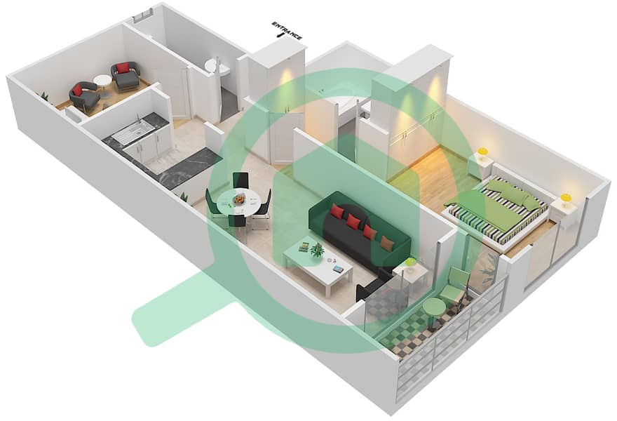 المخططات الطابقية لتصميم النموذج / الوحدة D / UNIT 2 شقة 1 غرفة نوم - برج أحلام جولدكريست C Type D Unit 2 interactive3D