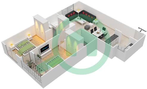 المخططات الطابقية لتصميم النموذج / الوحدة A / UNIT 9 شقة 2 غرفة نوم - برج أحلام جولدكريست D