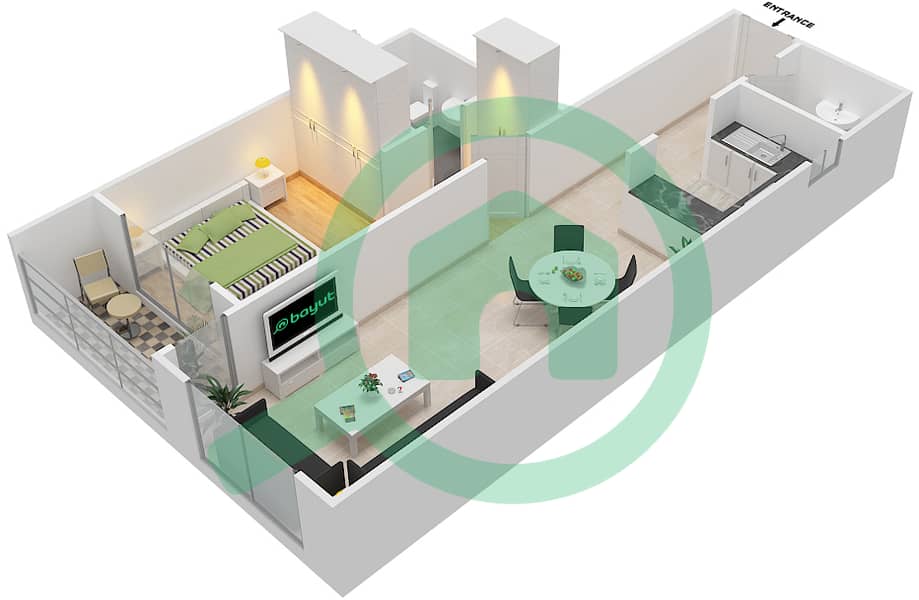 المخططات الطابقية لتصميم النموذج / الوحدة B / UNIT 16 شقة 1 غرفة نوم - برج أحلام جولدكريست D Type B Unit 16 interactive3D