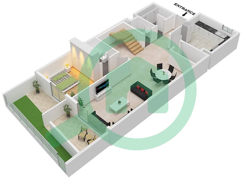 Насайем Авеню Блок Е - Апартамент 3 Cпальни планировка Тип/мера S / UNIT 02 Type S Unit 02 Ground Floor interactive3D