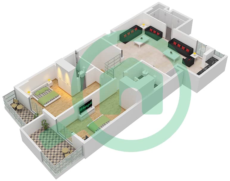 Насайем Авеню Блок Е - Апартамент 3 Cпальни планировка Тип/мера S / UNIT 02 Type S Unit 02 First Floor interactive3D