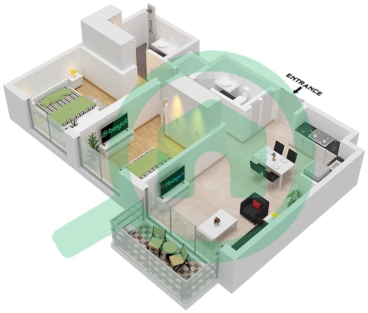 Хиллс Парк - Апартамент 2 Cпальни планировка Тип/мера 14 / UNIT 5 FLOOR 15-19 Type 14 Unit 5 Floor 15-19 interactive3D