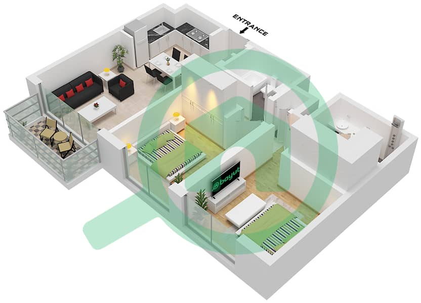 Хиллс Парк - Апартамент 2 Cпальни планировка Тип/мера 15 / UNIT 6 FLOOR 15-19 Type 15 Unit 6 Floor 15-19 interactive3D