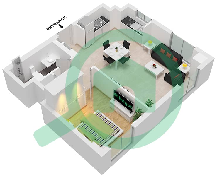 المخططات الطابقية لتصميم الوحدة M03 FLOOR MEZZNINE شقة 1 غرفة نوم - بايشور 4 Unit M03 Floor Mezznine interactive3D