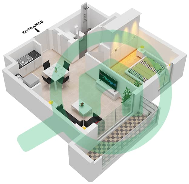 المخططات الطابقية لتصميم الوحدة 01 FLOOR 1,2,3,8 شقة 1 غرفة نوم - بايشور 4 Unit 01 Floor 1,2,3,8 interactive3D