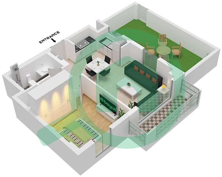 المخططات الطابقية لتصميم الوحدة 02 FLOOR 1 شقة 1 غرفة نوم - بايشور 4 Unit 02 Floor 1 interactive3D