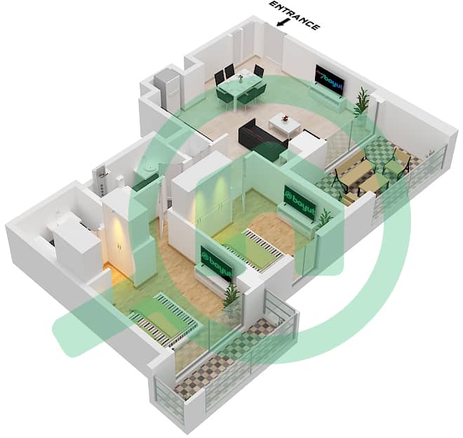 المخططات الطابقية لتصميم الوحدة M01 FLOOR MEZZNINE شقة 2 غرفة نوم - بايشور 4 Unit M01 Floor Mezznine interactive3D