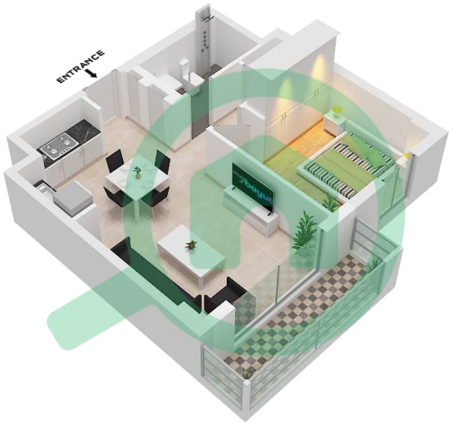 المخططات الطابقية لتصميم الوحدة 01 FLOOR 10 شقة 1 غرفة نوم - بايشور 4 Unit 01 Floor 10 interactive3D
