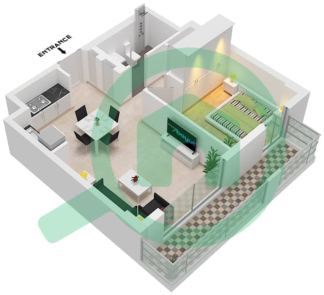 المخططات الطابقية لتصميم الوحدة 01 FLOOR 9 شقة 1 غرفة نوم - بايشور 4 Unit 01 Floor 9 interactive3D