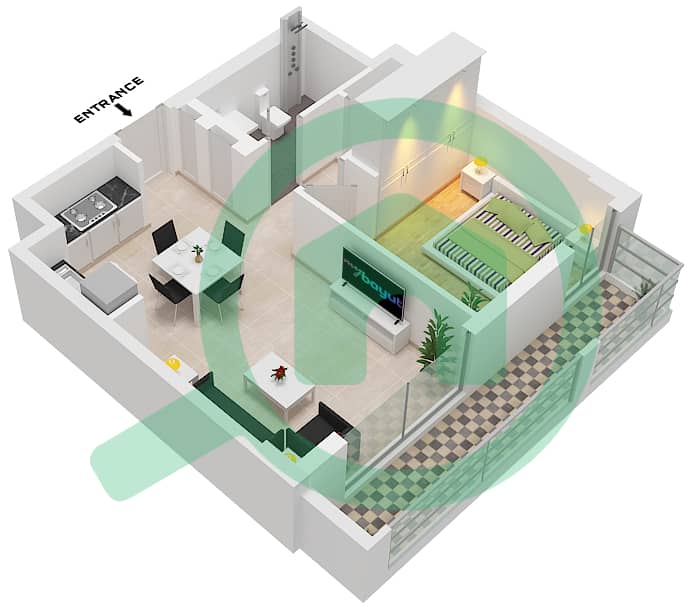 المخططات الطابقية لتصميم الوحدة 05 FLOOR 9 شقة 1 غرفة نوم - بايشور 4 Unit 05 Floor 9 interactive3D