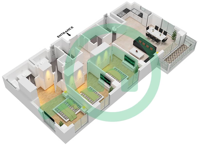 المخططات الطابقية لتصميم الوحدة 08 FLOOR 8 شقة 3 غرف نوم - بايشور 4 Unit 08 Floor 8 interactive3D