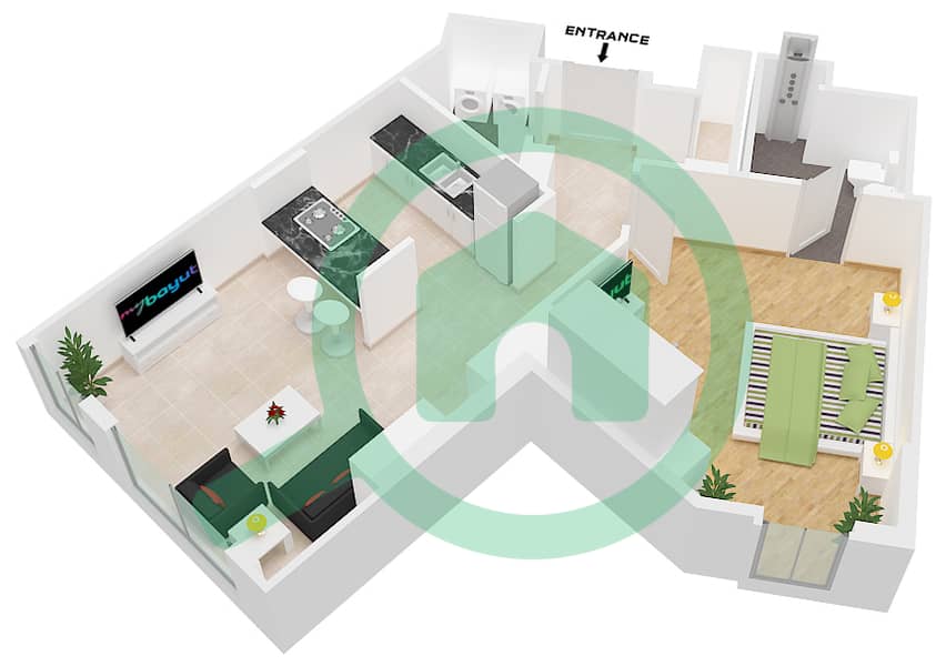 Здание Апартаментов 3 - Апартамент 1 Спальня планировка Тип/мера 5-1A / UNIT 2 FLOOR 2 Type 5-1A Unit 2 Floor 2 interactive3D