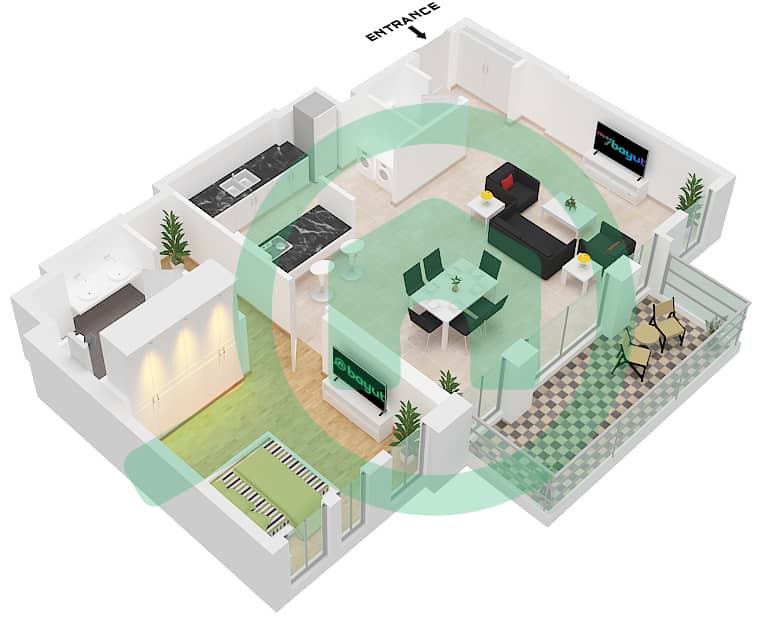 Здание Апартаментов 3 - Апартамент 1 Спальня планировка Тип/мера 1-4 / UNIT 10 FLOOR 1 Type 1-4 Unit 10 Floor 1 interactive3D