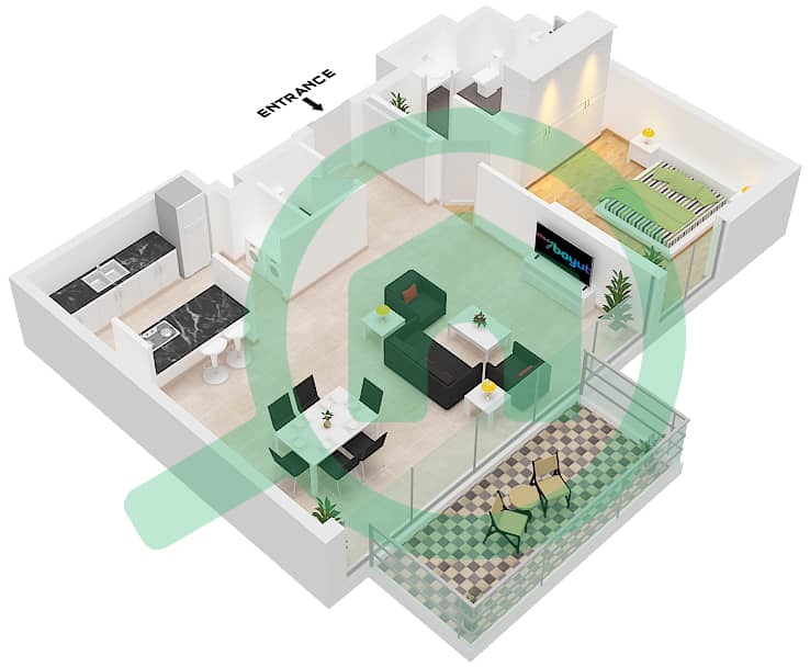 Здание Апартаментов 3 - Апартамент 1 Спальня планировка Тип/мера 2-3 / UNIT 5 FLOOR 3-8 Type 2-3 Unit 5 Floor 3-8 interactive3D