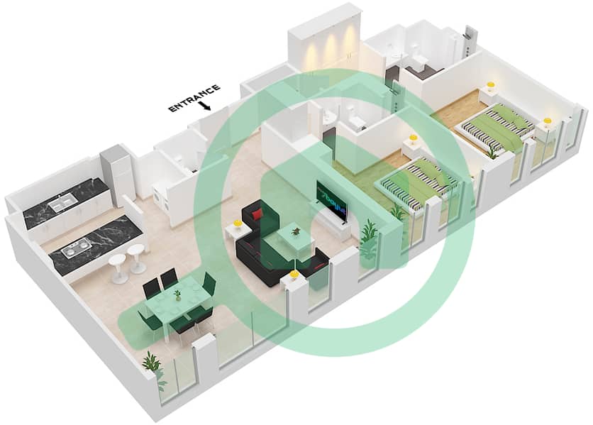 Здание Апартаментов 3 - Апартамент 2 Cпальни планировка Тип/мера 4-2 / UNIT 9 FLOOR 2 Type 4-2 Unit 9 Floor 2 interactive3D