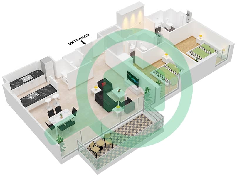Здание Апартаментов 3 - Апартамент 2 Cпальни планировка Тип/мера 4-1 / UNIT 10 FLOOR 3-8 Type 4-1 Unit 10 Floor 3-8 interactive3D