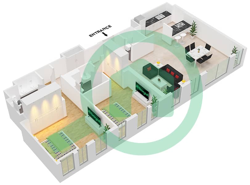 Здание Апартаментов 3 - Апартамент 2 Cпальни планировка Тип/мера 4-3A / UNIT 3 FLOOR 2 Type 4-3A Unit 3 Floor 2 interactive3D
