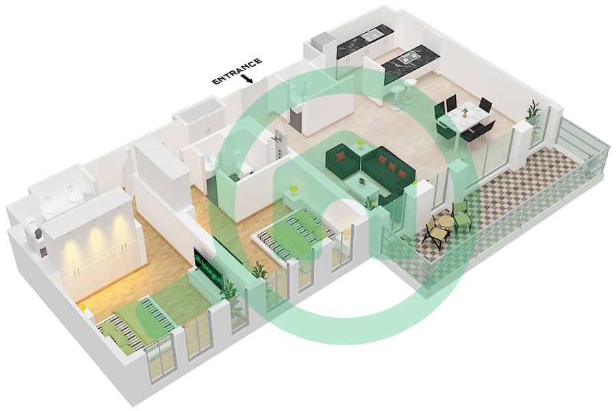 Здание Апартаментов 3 - Апартамент 2 Cпальни планировка Тип/мера 4-4 / UNIT 4 FLOOR 1 Type 4-4 Unit 4 Floor 1 interactive3D