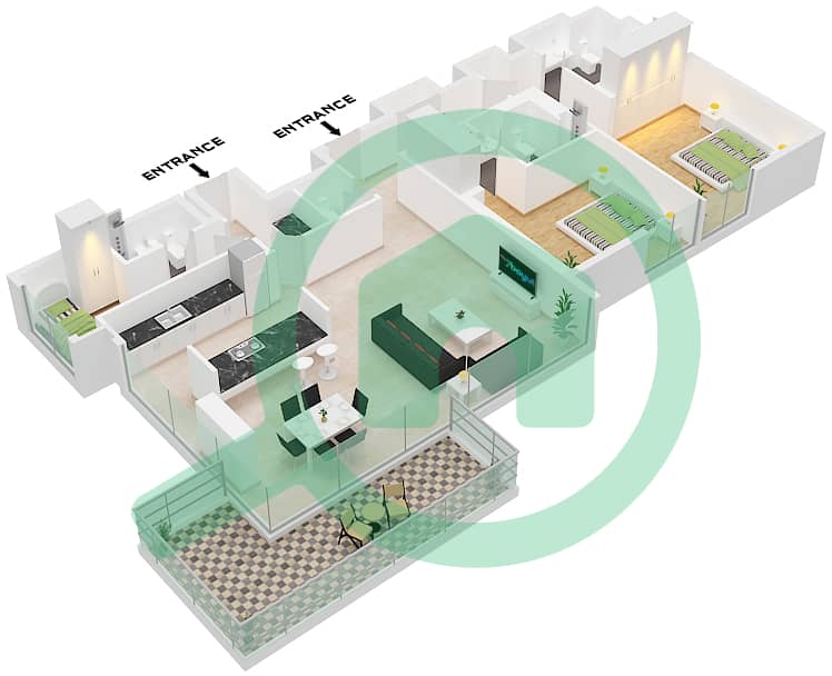 Здание Апартаментов 3 - Апартамент 2 Cпальни планировка Тип/мера 2-1 / UNIT 6 FLOOR 2-11 Type 2-1 Unit 6 Floor 2-11 interactive3D
