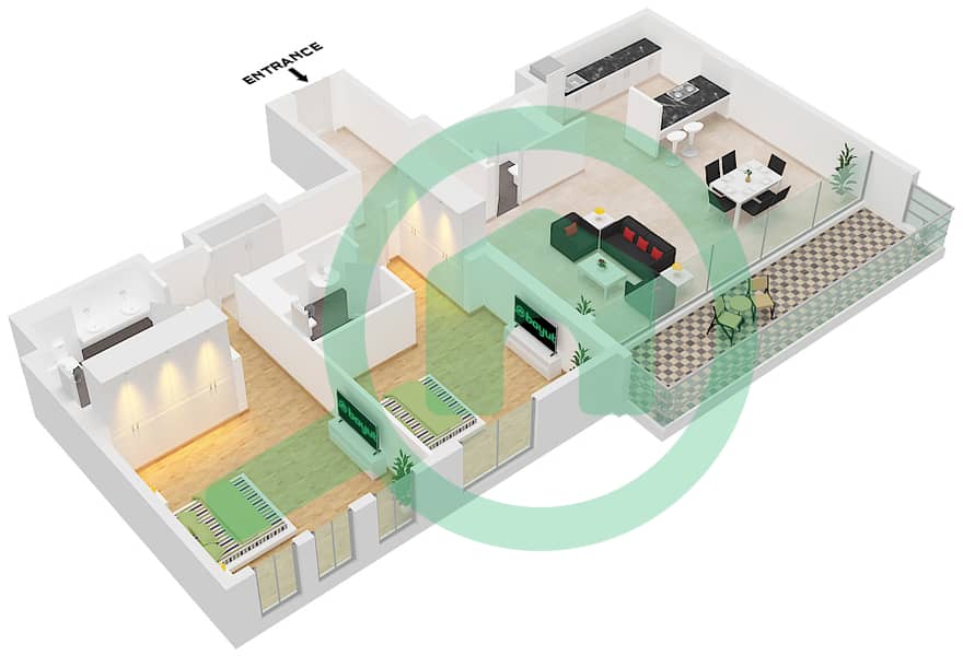 Здание Апартаментов 3 - Апартамент 2 Cпальни планировка Тип/мера 7-1 / UNIT 2 FLOOR 10 Type 7-1 Unit 2 Floor 10 interactive3D