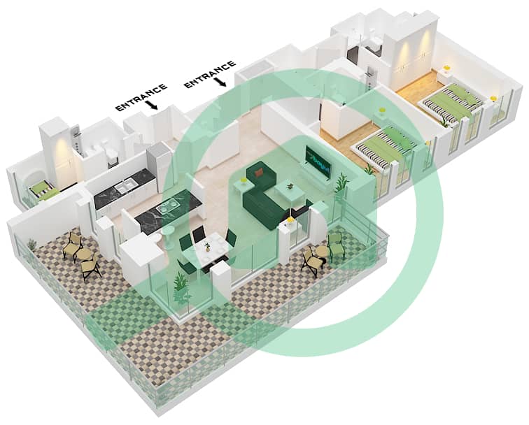 Здание Апартаментов 3 - Апартамент 2 Cпальни планировка Тип/мера 2-2 / UNIT 5 FLOOR 1 Type 2-2 Unit 5 Floor 1 interactive3D