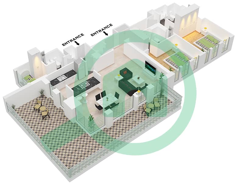 Здание Апартаментов 3 - Апартамент 2 Cпальни планировка Тип/мера 2-2A / UNIT 11 FLOOR 1 Type 2-2A Unit 11 Floor 1 interactive3D
