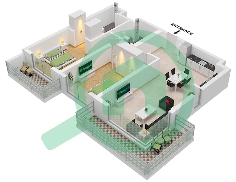 المخططات الطابقية لتصميم النموذج / الوحدة 1A / UNIT 1,5 FLOOR 1-7 شقة 2 غرفة نوم - سيسكيب بناية 3 Type 1A Unit 1,5 Floor 1-7 interactive3D