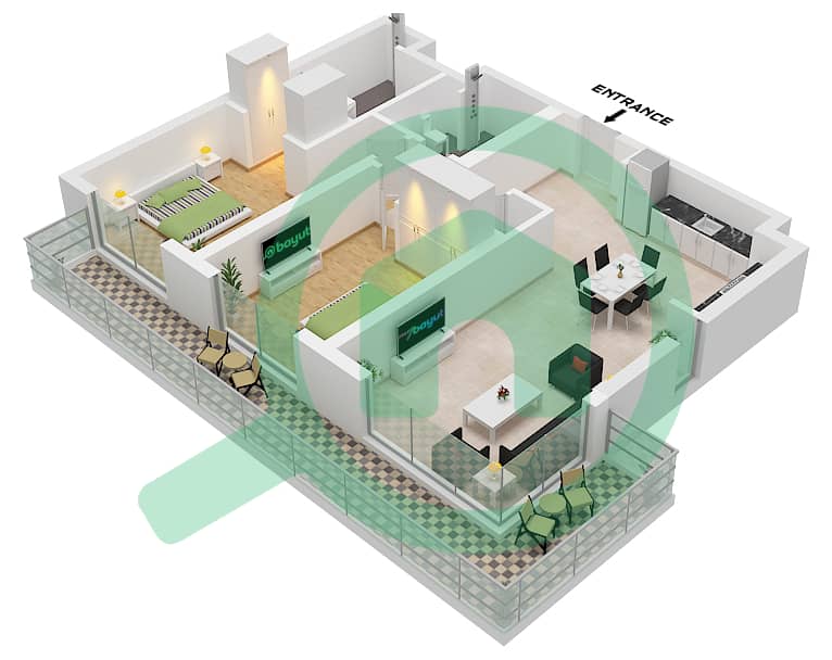 المخططات الطابقية لتصميم النموذج / الوحدة 1B / UNIT 1,5 FLOOR 8 شقة 2 غرفة نوم - سيسكيب بناية 3 Type 1B Unit 1,5 Floor 8 interactive3D