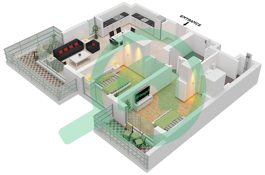 المخططات الطابقية لتصميم النموذج / الوحدة 1C / UNIT 2,6 FLOOR 1-7 شقة 2 غرفة نوم - سيسكيب بناية 3 Type 1C Unit 2,6 Floor 1-7 interactive3D