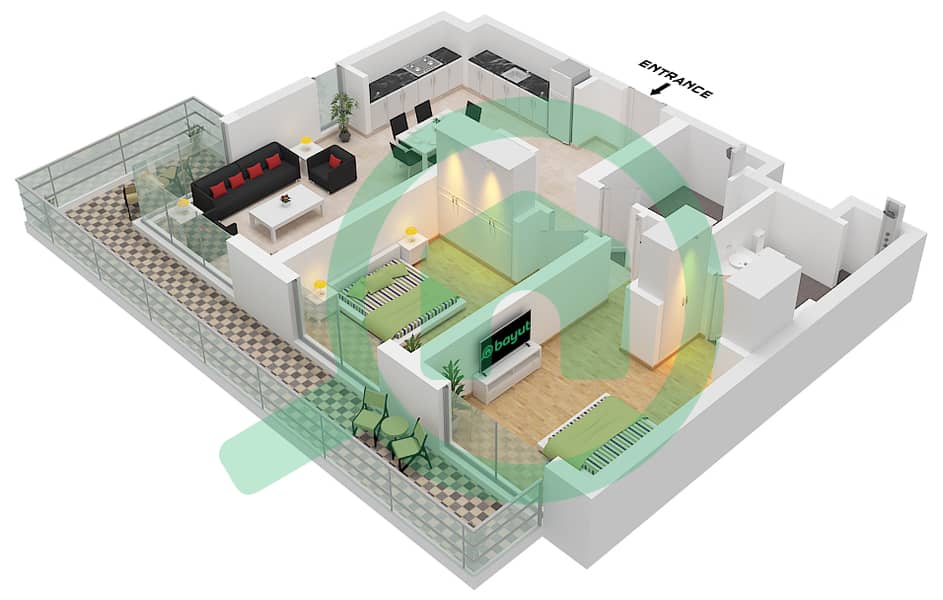 المخططات الطابقية لتصميم النموذج / الوحدة 1D / UNIT 2,6 FLOOR 8 شقة 2 غرفة نوم - سيسكيب بناية 3 Type 1D Unit 2,6 Floor 8 interactive3D