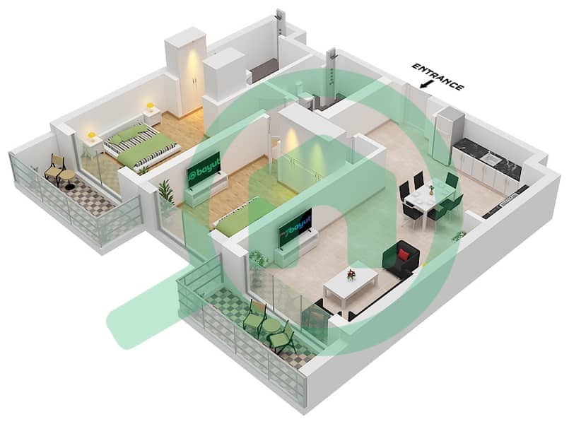 المخططات الطابقية لتصميم النموذج / الوحدة 2A / UNIT 3,7 FLOOR 1-7 شقة 2 غرفة نوم - سيسكيب بناية 3 Type 2A Unit 3,7 Floor 1-7 interactive3D