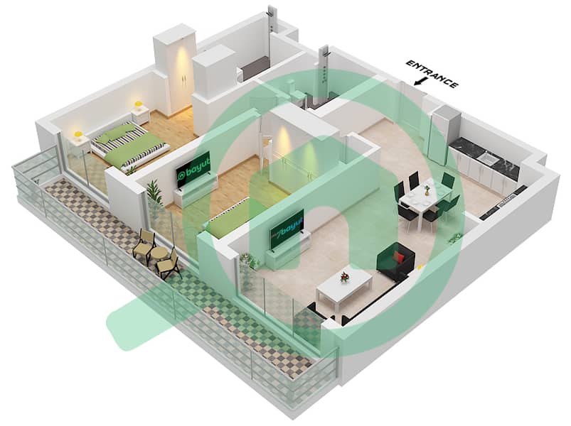 المخططات الطابقية لتصميم النموذج / الوحدة 2E / UNIT 3,7 FLOOR 8 شقة 2 غرفة نوم - سيسكيب بناية 3 Type 2E Unit 3,7 Floor 8 interactive3D