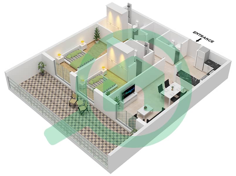 The Community Motor City - 2 Bedroom Apartment Type 3 Floor plan Type 3 interactive3D