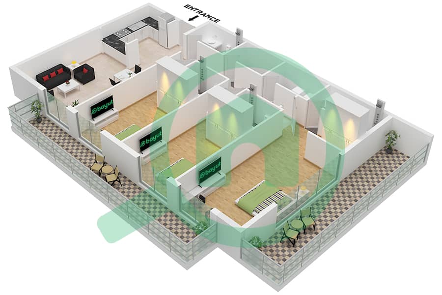 The Community Motor City - 3 Bedroom Apartment Type 2 Floor plan Type 2 interactive3D