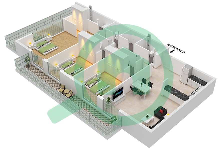 The Community Motor City - 3 Bedroom Apartment Type 3 Floor plan Type 3 interactive3D