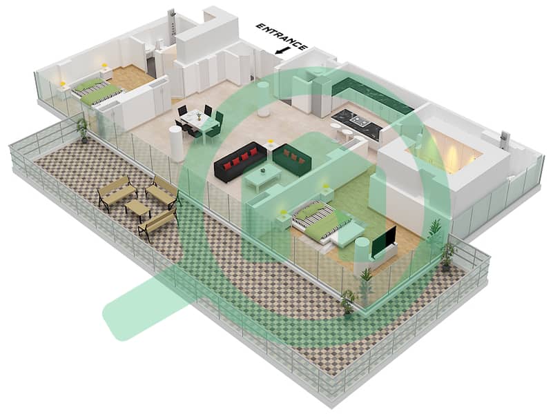 Ashjar G2 - 2 Bedroom Apartment Unit 3 FLOOR GROUND Floor plan Unit 3 Ground Floor interactive3D