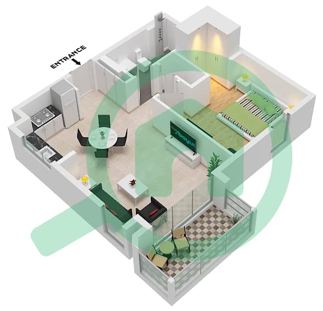 萨瓦纳 2 号大楼 - 1 卧室公寓单位8 FLOOR 1戶型图 Unit 8 Floor 1 interactive3D