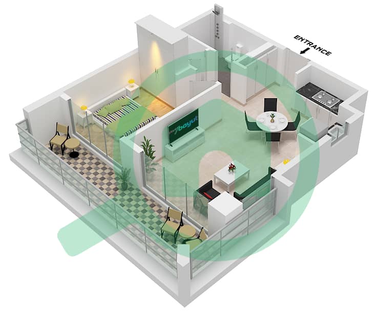 萨瓦纳 2 号大楼 - 1 卧室公寓单位9 FLOOR 1戶型图 Unit 9 Floor 1 interactive3D