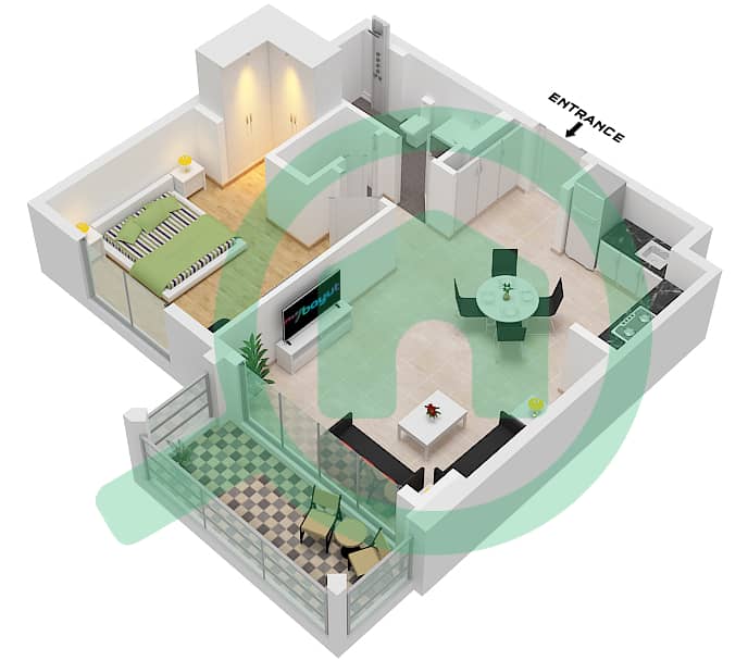 萨瓦纳 2 号大楼 - 1 卧室公寓单位12 FLOOR 1戶型图 Unit 12 Floor 1 interactive3D