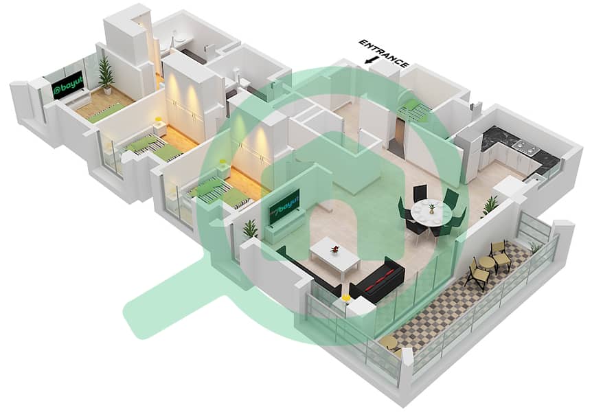 萨瓦纳 2 号大楼 - 3 卧室公寓单位10 FLOOR 2-7戶型图 Unit 10 Floor 2-7 interactive3D