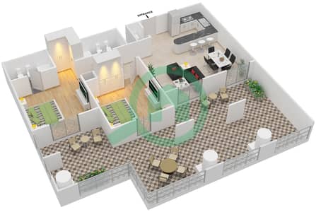 Al Thamam 03 - 2 Bed Apartments Type 2D Floor plan