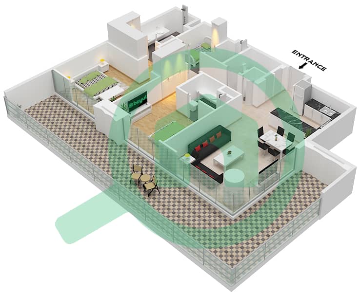 المخططات الطابقية لتصميم النموذج / الوحدة A.1 / UNIT 3 FLOOR 2 شقة 2 غرفة نوم - برج سنترال بارك بلازا B Type A.1 Unit 3 Floor 2 interactive3D