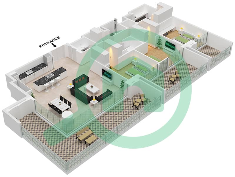 المخططات الطابقية لتصميم النموذج / الوحدة A.1 / UNIT 4 FLOOR 2 شقة 3 غرف نوم - برج سنترال بارك بلازا B Type A.1 Unit 4 Floor 2 interactive3D